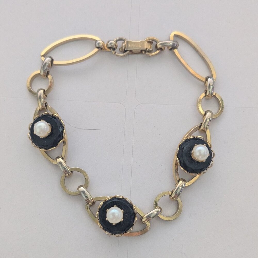 Vintage STAR Gold Tone Genuine Pearl Faceted Black Resin Bracelet